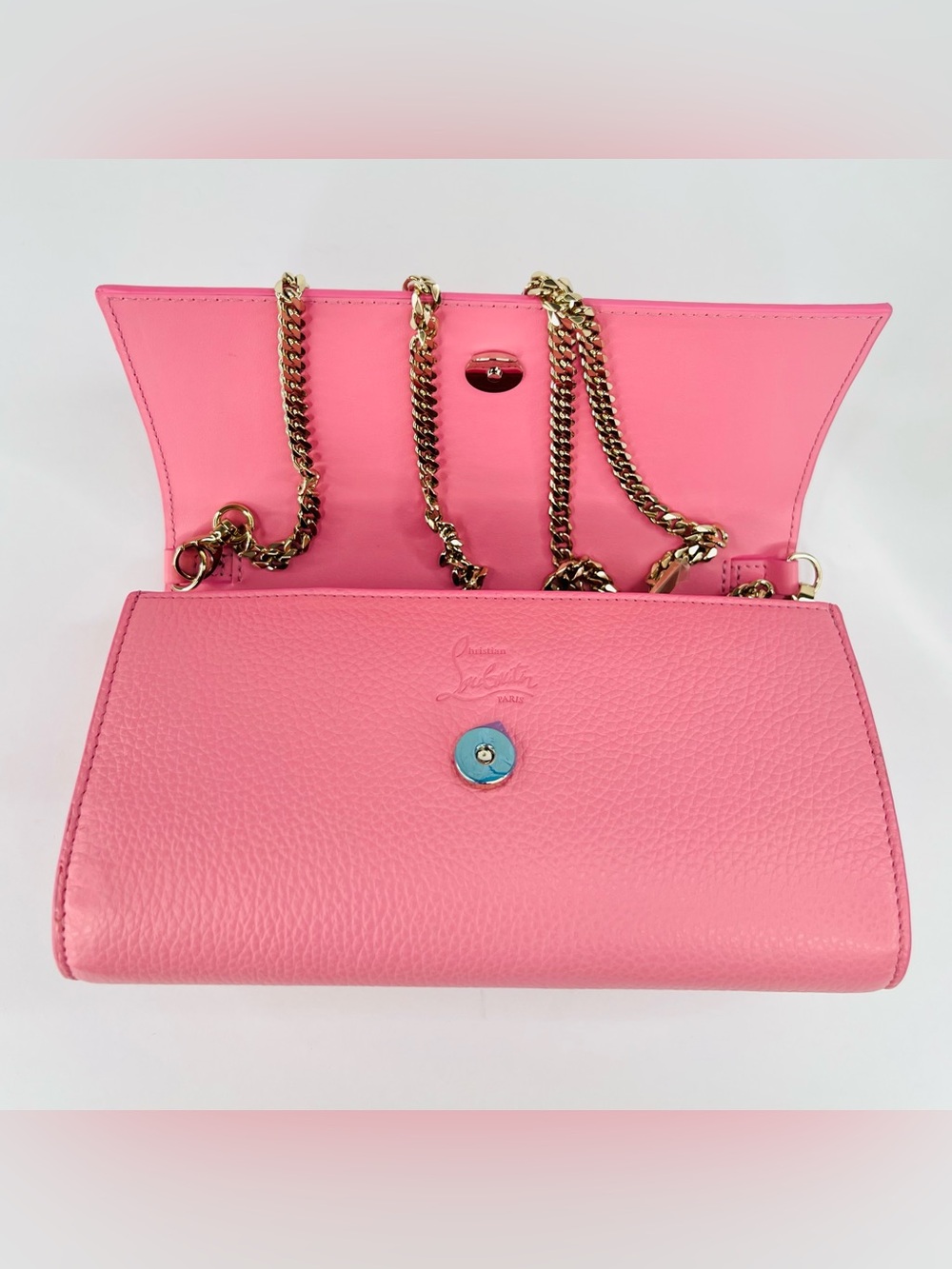 CHRISTIAN LOUBOUTIN By My Side Calipso Pink Calf Leather Logo Wallet Gold Chain - Picture 14 of 16
